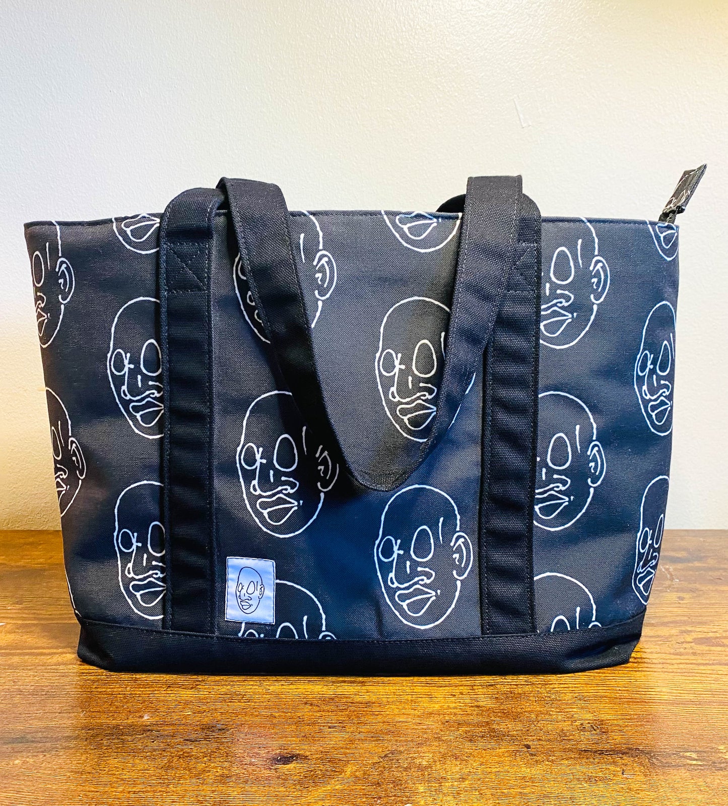 Black and White Zippered Tote Bag with Blue Lining